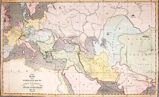 Land route to India. Drawn in 1822 showing a journey from the British colony India over land to Great Britain. Source Wikipedia