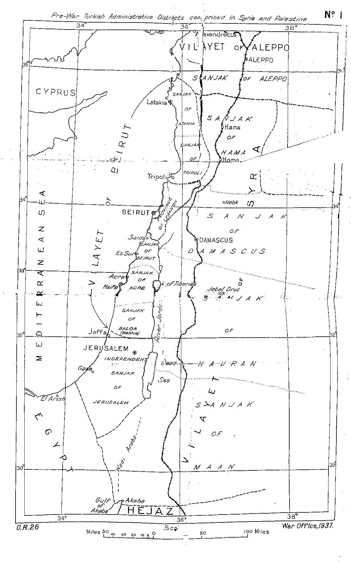 Map No. 1 of the Peel Report showing the administrative divisions of the Ottoman empire in Syria
